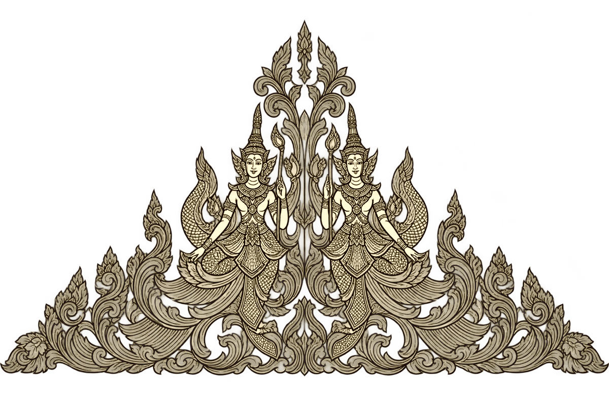 Illustrated gold line-art of a hand-carved Thai crown ornament depicting two traditional dancing figures